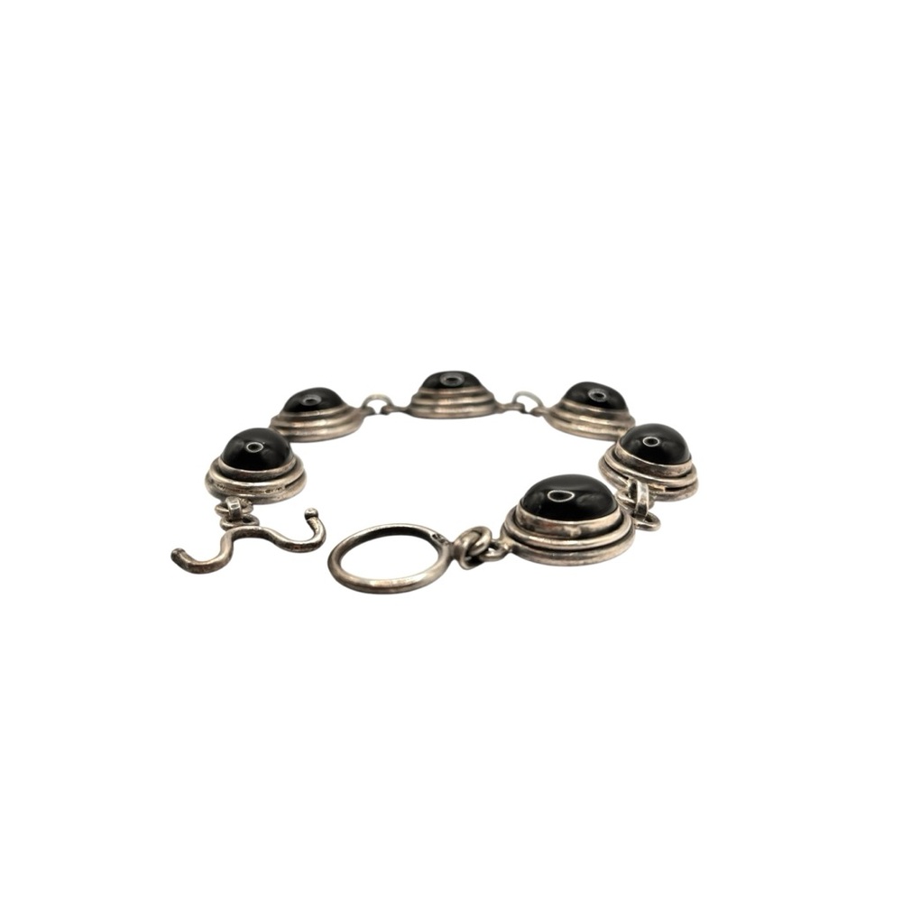 Vintage Sterling and Black Onyx Cabochon Bracelet - Picture 5 of 7